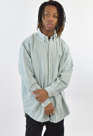 VINTAGE 90S GREEN PINK STRIPED RALPH LAUREN SHIRT