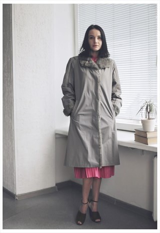 VINTAGE 60'S GREY FAUX FUR COLLAR COAT