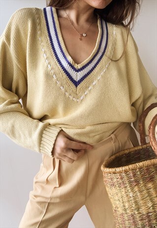 VINTAGE 80S LE CITRON COTTON BLEND KNIT V-NECK JUMPER