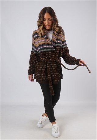 CARDIGAN LONG OVERSIZED PATTERNED KNITWEAR WOOL UK 14 (CK7Y)