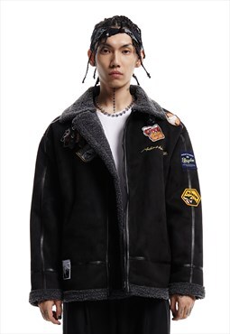 Multi patch suede aviator jacket faux fur bomber in black