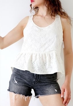 Sleeveless Peplum Vest Top Cream Lace Cottage Farm Core 