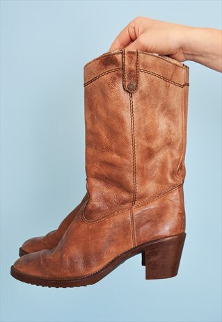 VINTAGE 70'S RETRO REAL LEATHER COWBOY ANKLE BOOTS