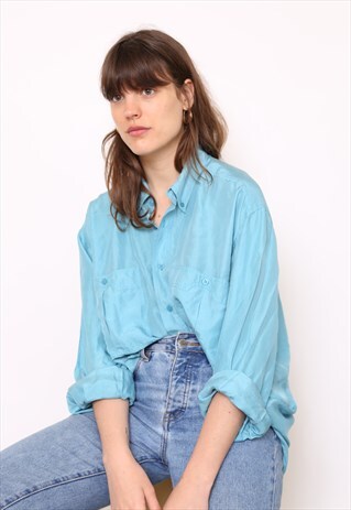 VINTAGE 90S TURQUOISE SILK OVERSIZED BLOUSE SHIRT