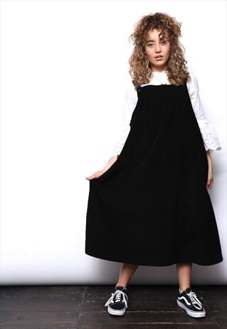 VINTAGE 90S BLACK CORD CORDUROY PINAFORE MIDI DRESS