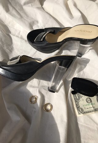 VINTAGE 90S Y2K BLACK PLATFORM CLEAR PERSPEX HEEL MULES