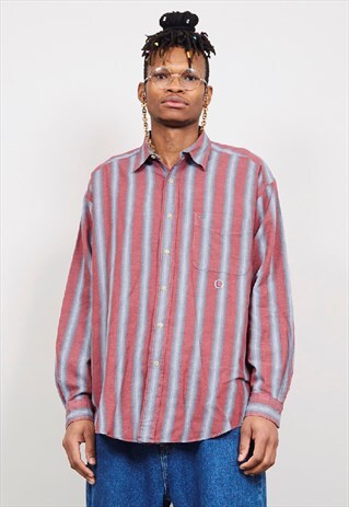 VINTAGE 90'S TOMMY HILFIGER DARK RED/ GREY STRIPED SHIRT