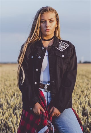 ART DISCO 'HOLD FAST' HAND PRINTED PATCHED DENIM JACKET