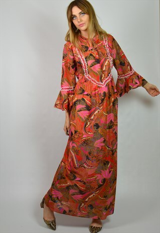 VINTAGE 70S RED & PINK FLORAL HIPPY BOHO MAXI DRESS