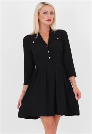 BLACK COLLARED 3/4 SLEEVES SKATER SHIRT DRESS