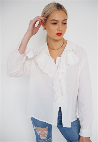 VINTAGE RUFFLE NECK WHITE BLOUSE