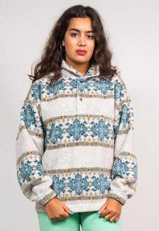 VINTAGE 90'S GREY PATTERNED FLEECE PULLOVER JUMPER
