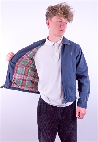 VINTAGE RALPH LAUREN CHECK LINED HARRINGTON JACKET IN BLUE