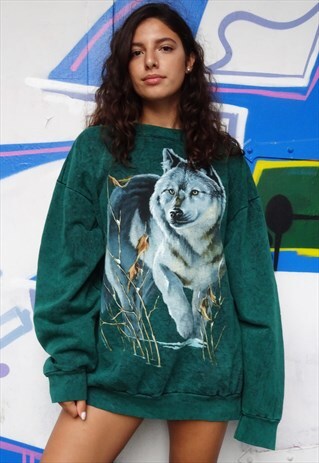 GREEN TIE DYE EFFECT WOLF PRINT 90'S SWEATER
