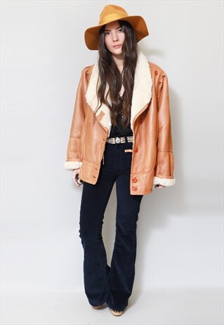 VINTAGE 1980'S TAN BROWN SHEARLING AVIATOR COAT