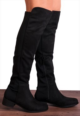 Black Over the Knee Flat High Boots