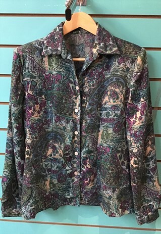 VINTAGE SMALL SHOULDER PADS GREEN PAISLEY BLOUSE