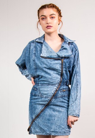 VINTAGE 80'S ACID WASH BLUE DENIM ZIP DRESS