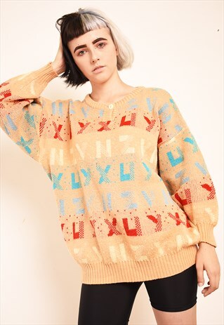 80'S RETRO LETTER PATTERN PASTEL SLOUCHY KNIT JUMPER
