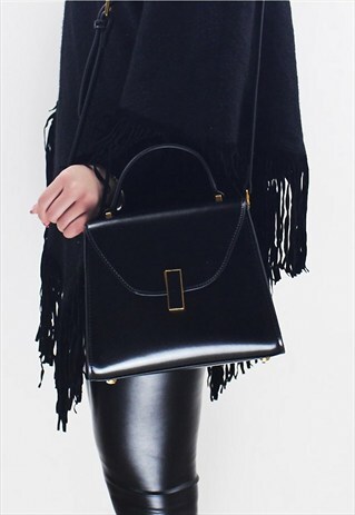 VINTAGE BLACK LEATHER TOTE CROSSBODY BAG WORK HANDBAG 2017