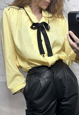 Retro Macaroon Yellow Tie Neck Blouse - Large 