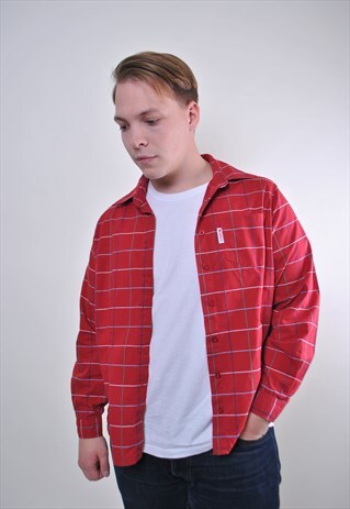 VINTAGE MEN RED PLAID UTILITY SHIRT