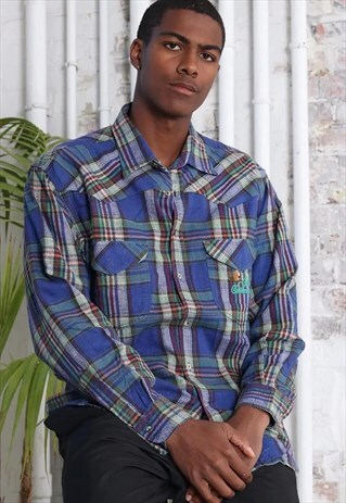 VINTAGE BEST COMPANY LOGO CHEQUERED SHIRT BLUE