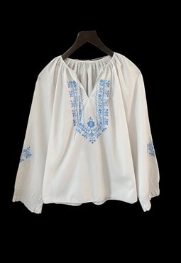 Ladies Vintage Blouse White Long Sleeve Hungarian Folk Top