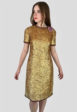 Battilocchi Gold 80's Sequin Beaded Short Sleeve Dress