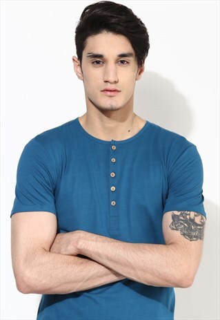 HENLEY T-SHIRT. ORGANIC COTTON BLUE HENLEY
