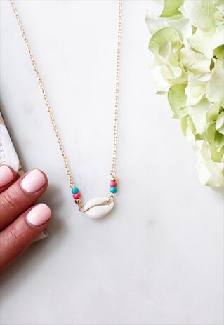 GOLD CHAIN COLOUR BEAD PUKA SHELL BOHO CHOKER NECKLACE