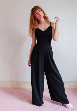 VINTAGE 80S BLACK WIDE LEG JUMPSUIT