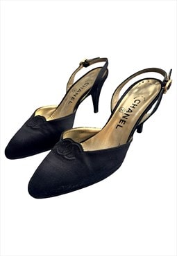 Chanel Heels Pumps Black CC Logo Monogram Courts Slingback 