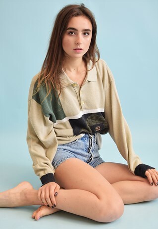 90'S RETRO KNIT ABSTRACT PRINT OVERSIZED DADS JUMPER TOP