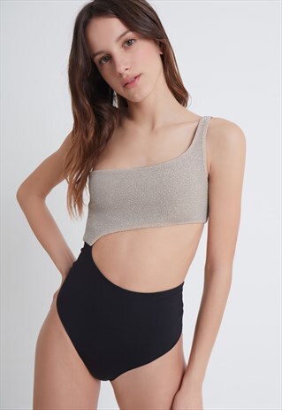 LUREX ONE SHOULDER SWIMSUIT - GOLD AND BLACK