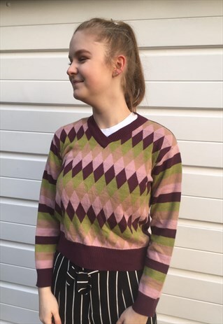 WOMENS VINTAGE 80S MULTI COLOUR DIAMOND PATTERNED JUMPER