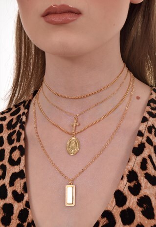 HALE MARY AND CROSS CHARM TRIPLE LAYERED NECKLACE