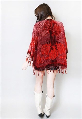 VINTAGE STYLE RED FLORAL VELVET TASSEL FESTIVAL KIMONO