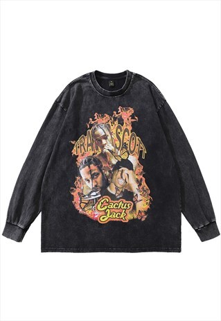 TRAVIS SCOTT T-SHIRT VINTAGE WASH TOP RAPPER PRINT LONG TEE