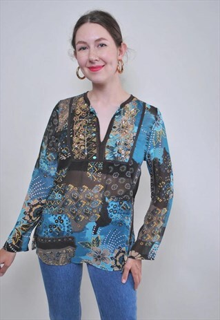 VINTAGE MULTICOLOR BOHO BLOUSE, RETRO PULLOVER SUMMER SHIRT