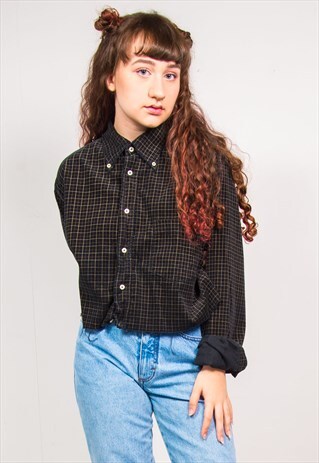 VINTAGE 90'S BLACK CHECKED CORD CROPPED LONG SLEEVE SHIRT