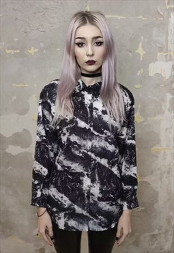 Abstract sea print Y2K shirt gothic blouse top in black