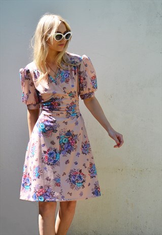 VINTAGE 70S PASTEL PINK FLORAL SUMMER MIDI DRESS