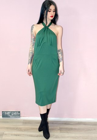 90'S VINTAGE HALTER NECK GREEN MIDI BODYCON BACKLESS DRESS