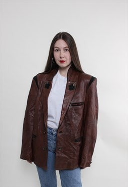 Leather ethnic jacket, vintage leather coat, brown boho 