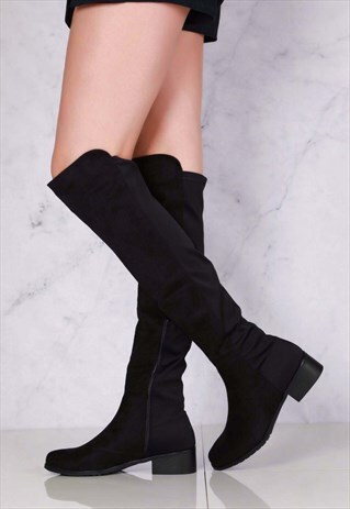 KNEE HI LOW HEEL STRETCH PANEL IN BLACK SUEDE