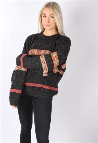 VINTAGE CRAZY PATTERNED OVERSIZED JUMPER SWEATER L XL AZTEC