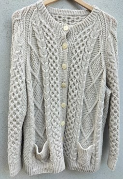 Vintage Irish Pure Wool Knitted Cream Aran Cardigan