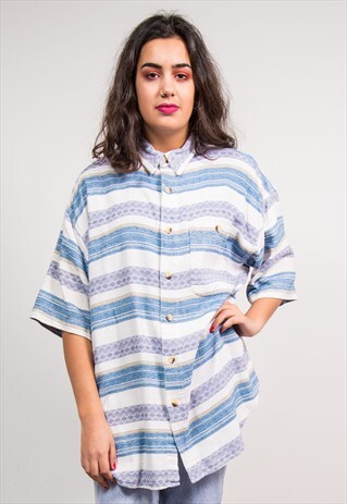 90'S VINTAGE BLUE STRIPE AZTEC PATTERN OVERSIZE SHIRT