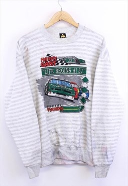 Vintage Racing Car Sweatshirt Grey Striped With Graphic 